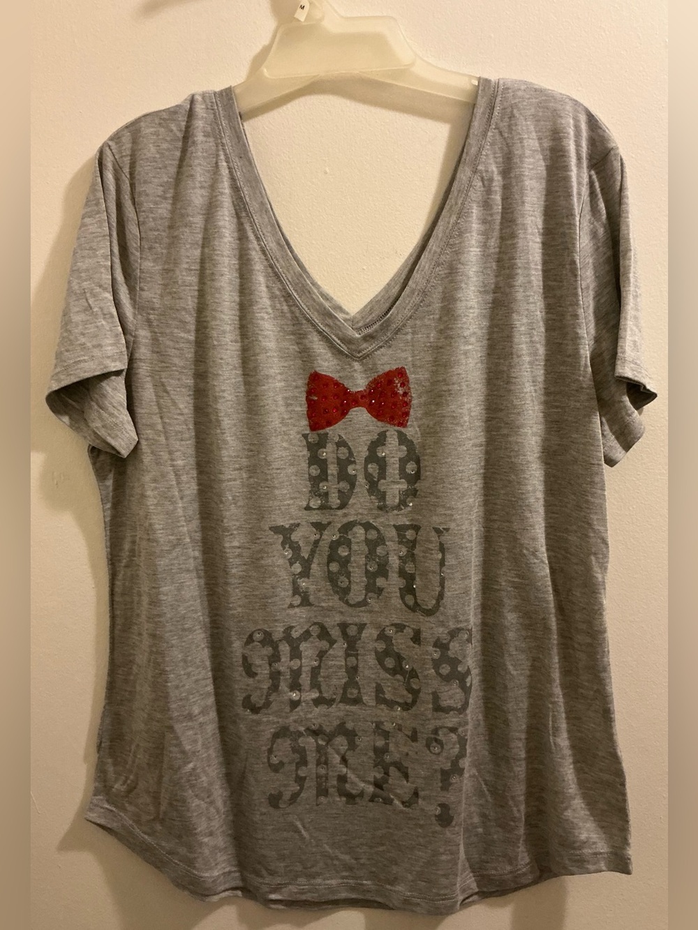 Miss Me Gray V-Neck Tee with Rhinestone and Red Bow Graphic